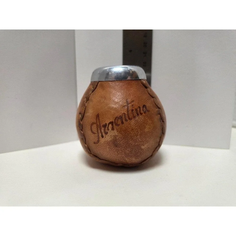 Vintage leather-wrapped mate gourd Argentina pencil‎ cup souvenir flower vase